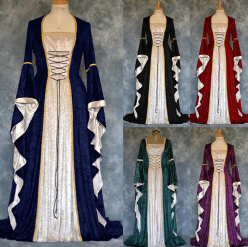 Historical Velvet Long Bell Sleeve Medieval Court Long Dress Floor-Length Gown