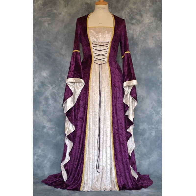 Historical Velvet Long Bell Sleeve Medieval Court Long Dress Floor-Length Gown