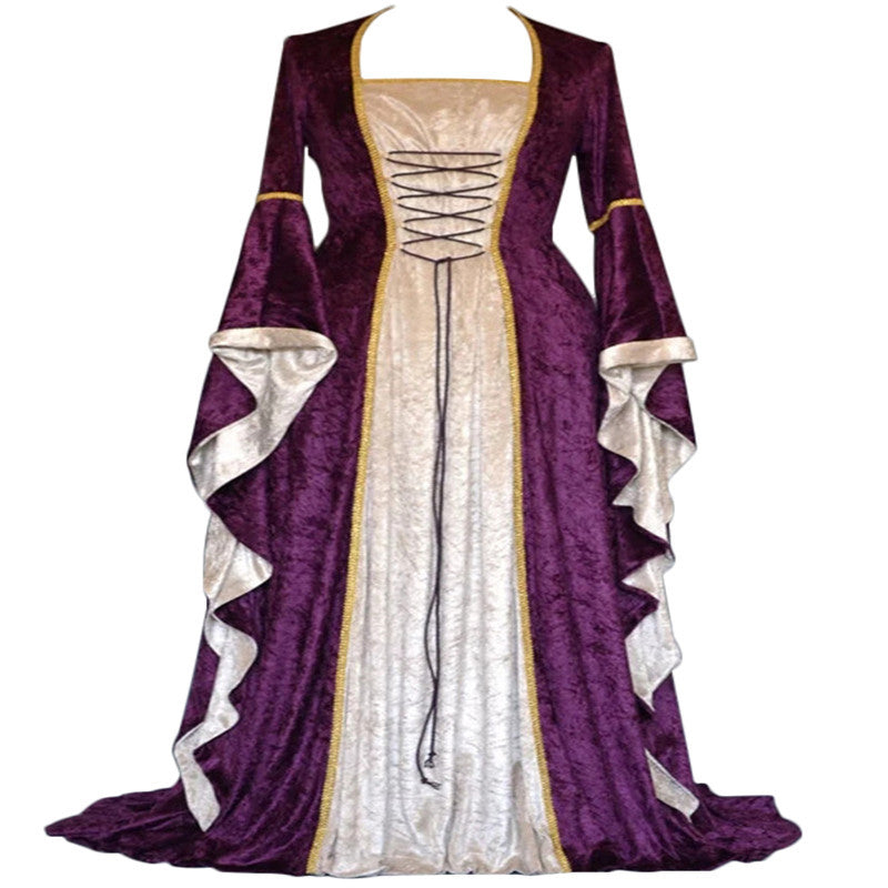 Historical Velvet Long Bell Sleeve Medieval Court Long Dress Floor-Length Gown