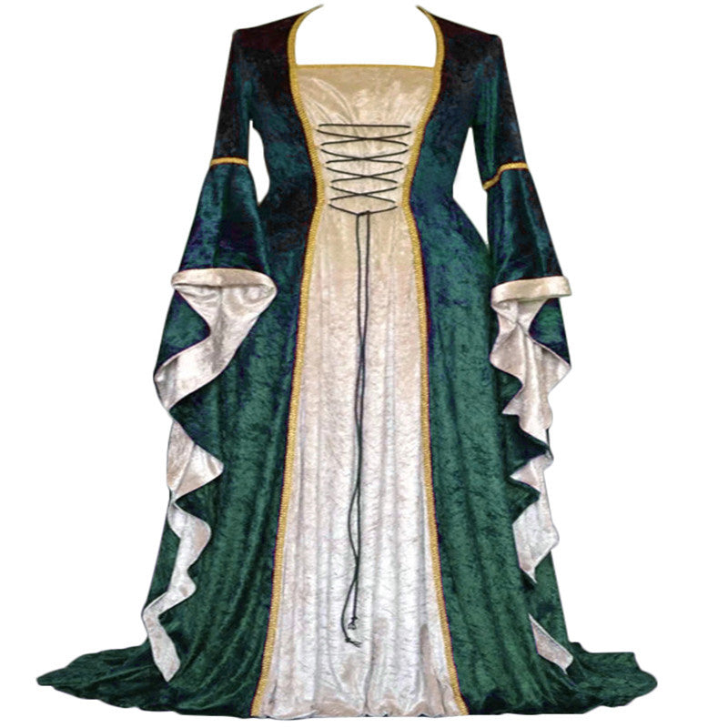 Historical Velvet Long Bell Sleeve Medieval Court Long Dress Floor-Length Gown