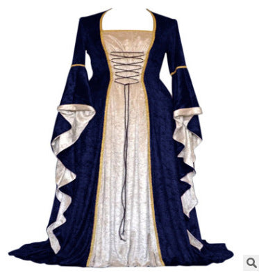 Historical Velvet Long Bell Sleeve Medieval Court Long Dress Floor-Length Gown