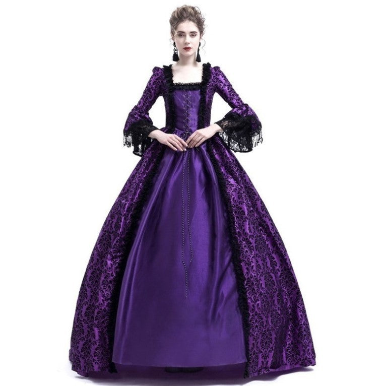 Historical Lace Stitching Medieval Dress Long Bell Sleeves Palace Retro Style Victorian European