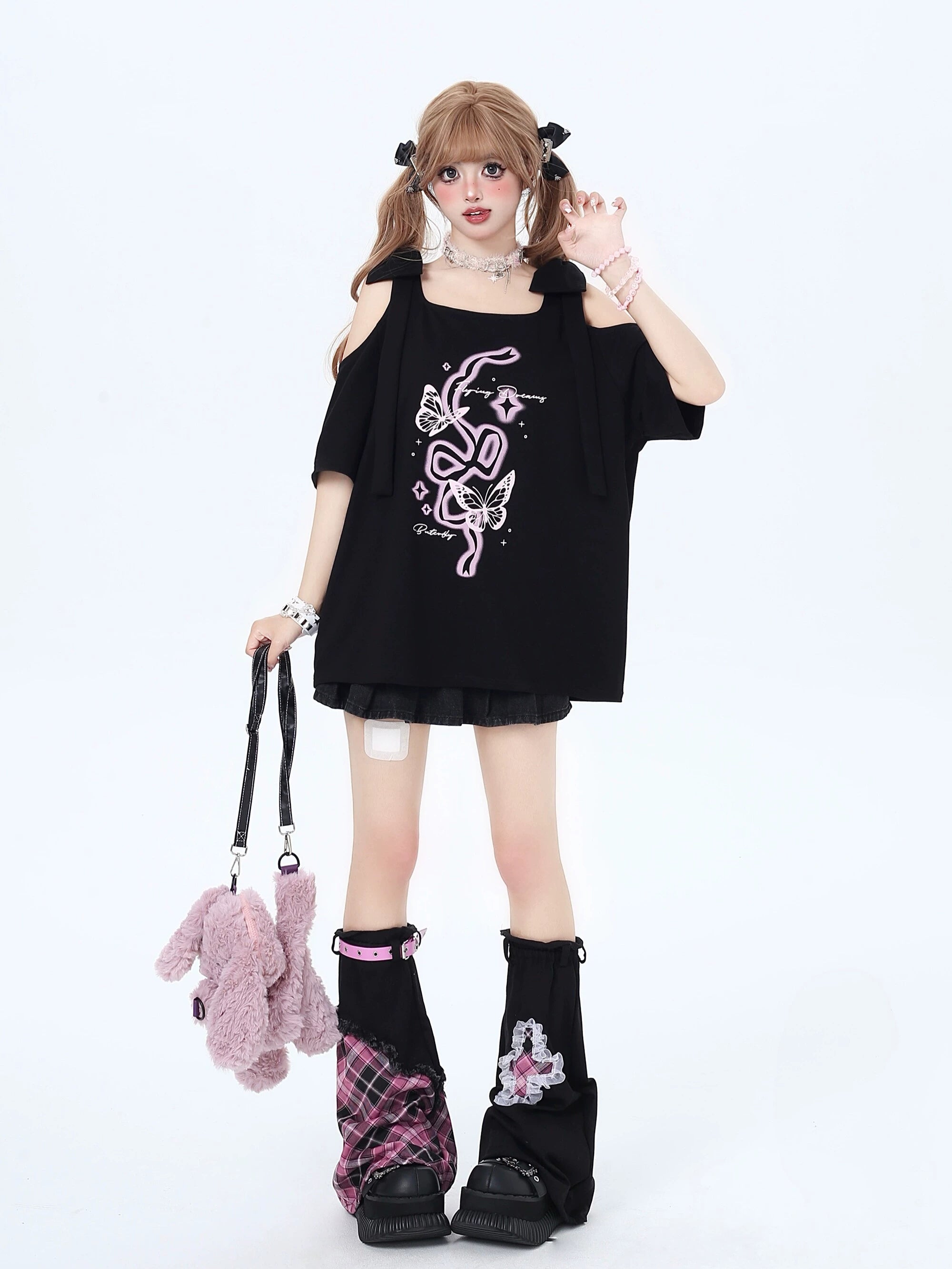 Crazygirl Kawaii Butterfly Oversized Long T-Shirt Shoulder Hole