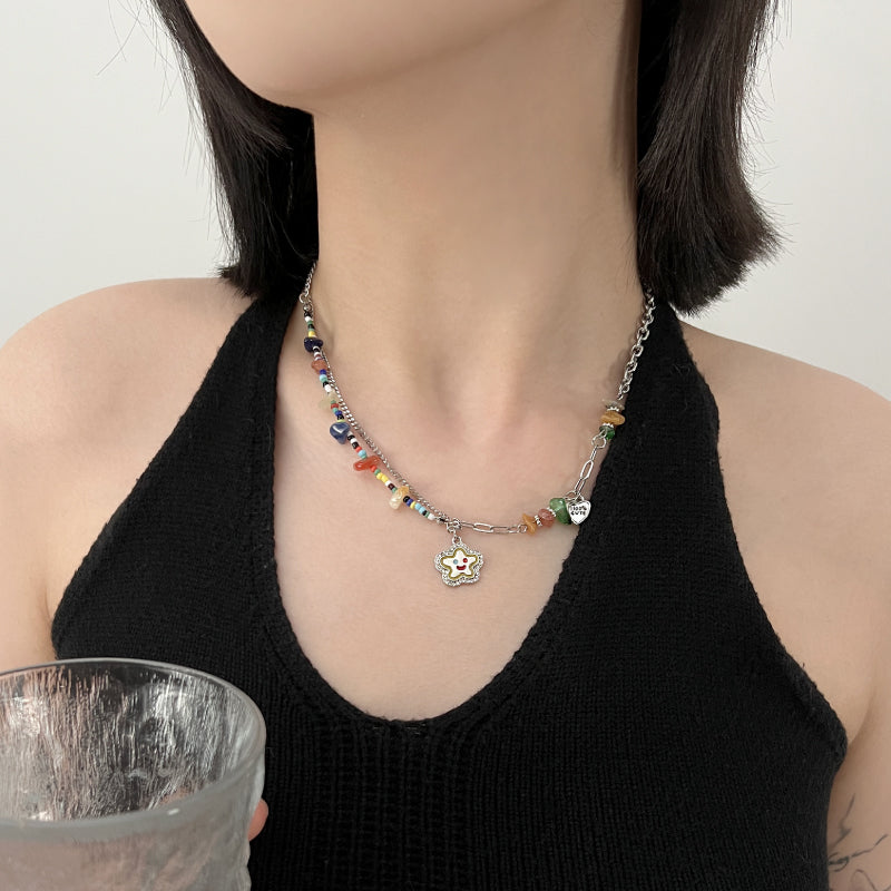 Colorful Beaded Smiling Face Flower Necklace