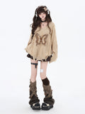 crazygirl Korean Maillard tassel butterfly patch V-neck loose knit sweater top autumn and winter underwear