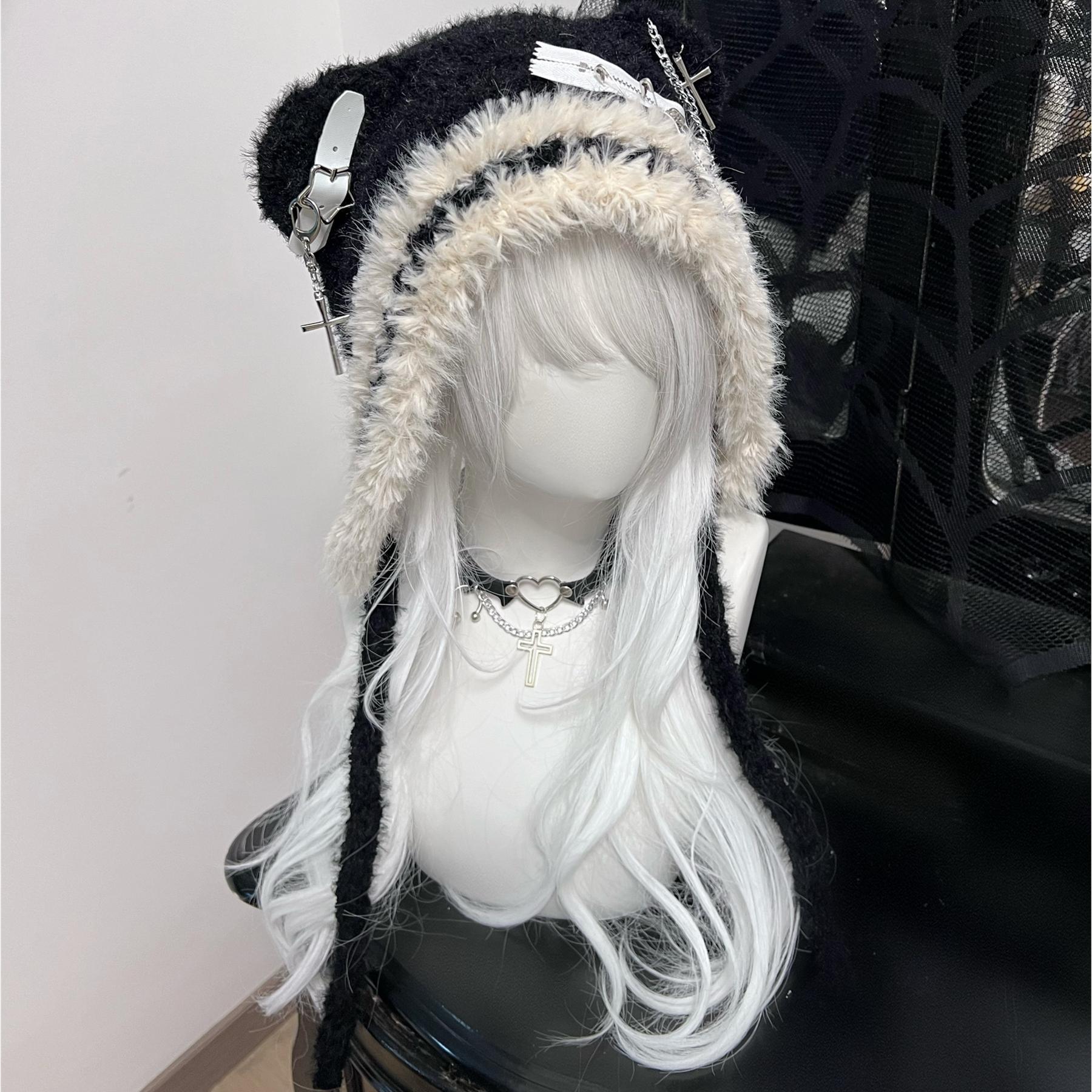 Japanese Subculture Bear Hat, Cute Cross Star Beanie with Zipper Toe