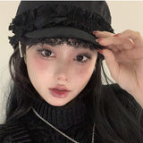 Original Girl Millennium Y2K Double Lace Cross Dark Design Sense Beret Versatile Show Face Small