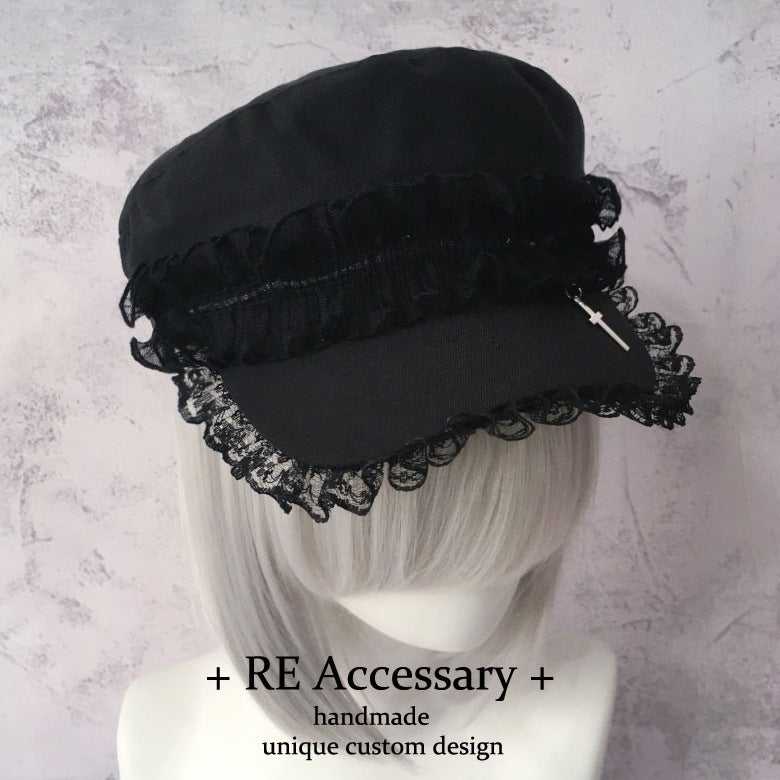 Y2K Millennium Double Lace Cross Dark Design Beret