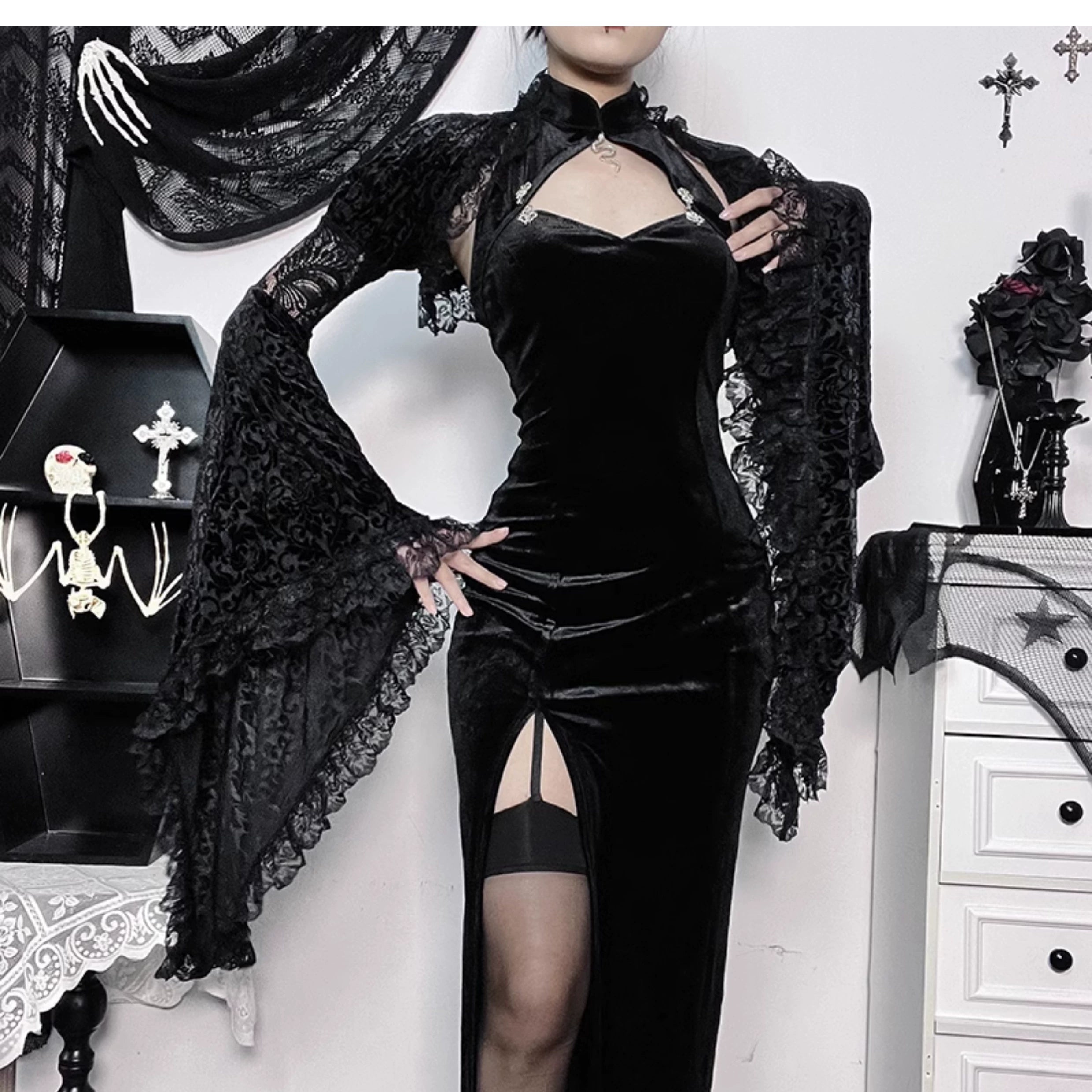 Gothic court style black small shawl cheongsam suit shoulder cloak smock blouse sexy and amorous top girl