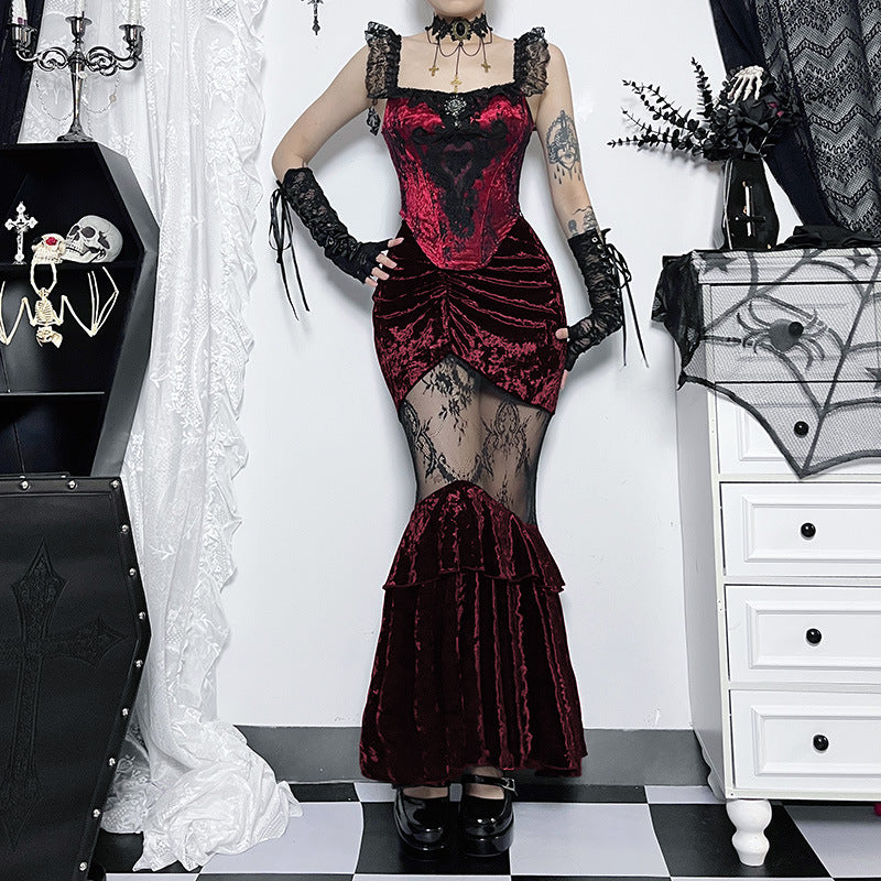 Goth Suede Lace Stitched See-Through Embossed Long Skirt