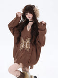 crazygirl Korean Maillard tassel butterfly patch V-neck loose knit sweater top autumn and winter underwear