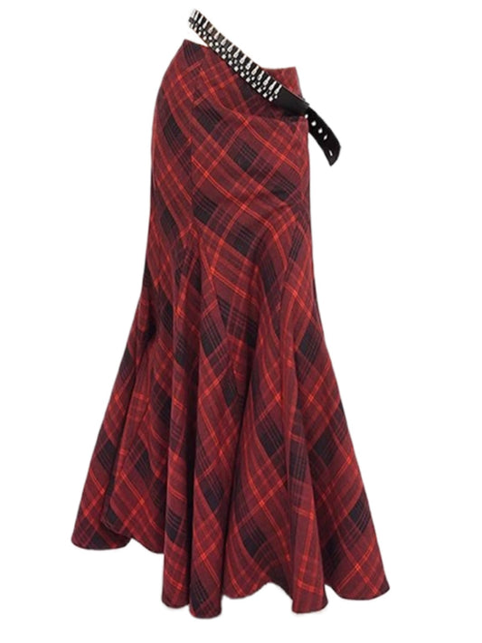 Spot American retro design sense red checked A-line skirt female hottie high waist thin fishtail hem long skirt