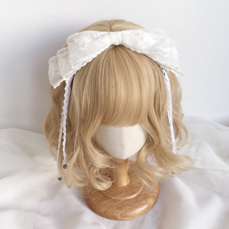 Handmade Girl Lace Bow Bell Headband, Lolita Mori Hairpin