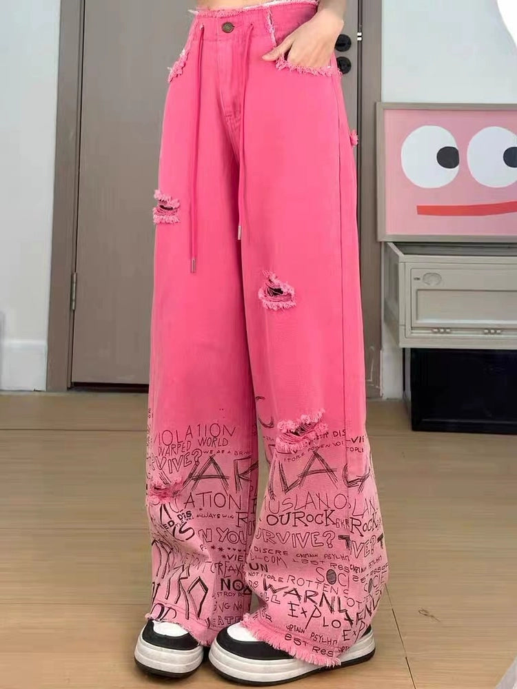 Pink Graffiti Wide-Leg Ripped Jeans