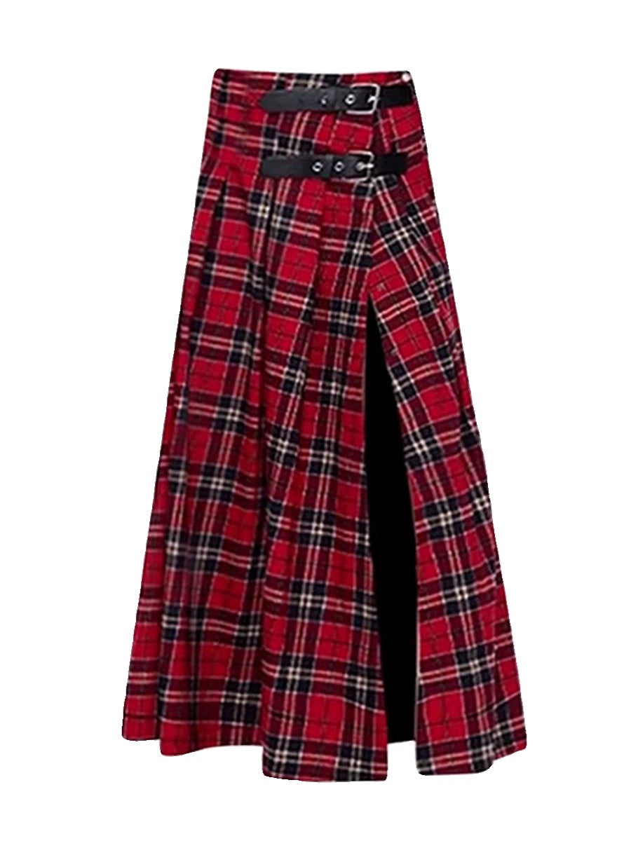 Christmas Babes High Slit Apron 'bì into Vintage Red Plaid Skirt High Waist Slit A-line Midi Skirt Female