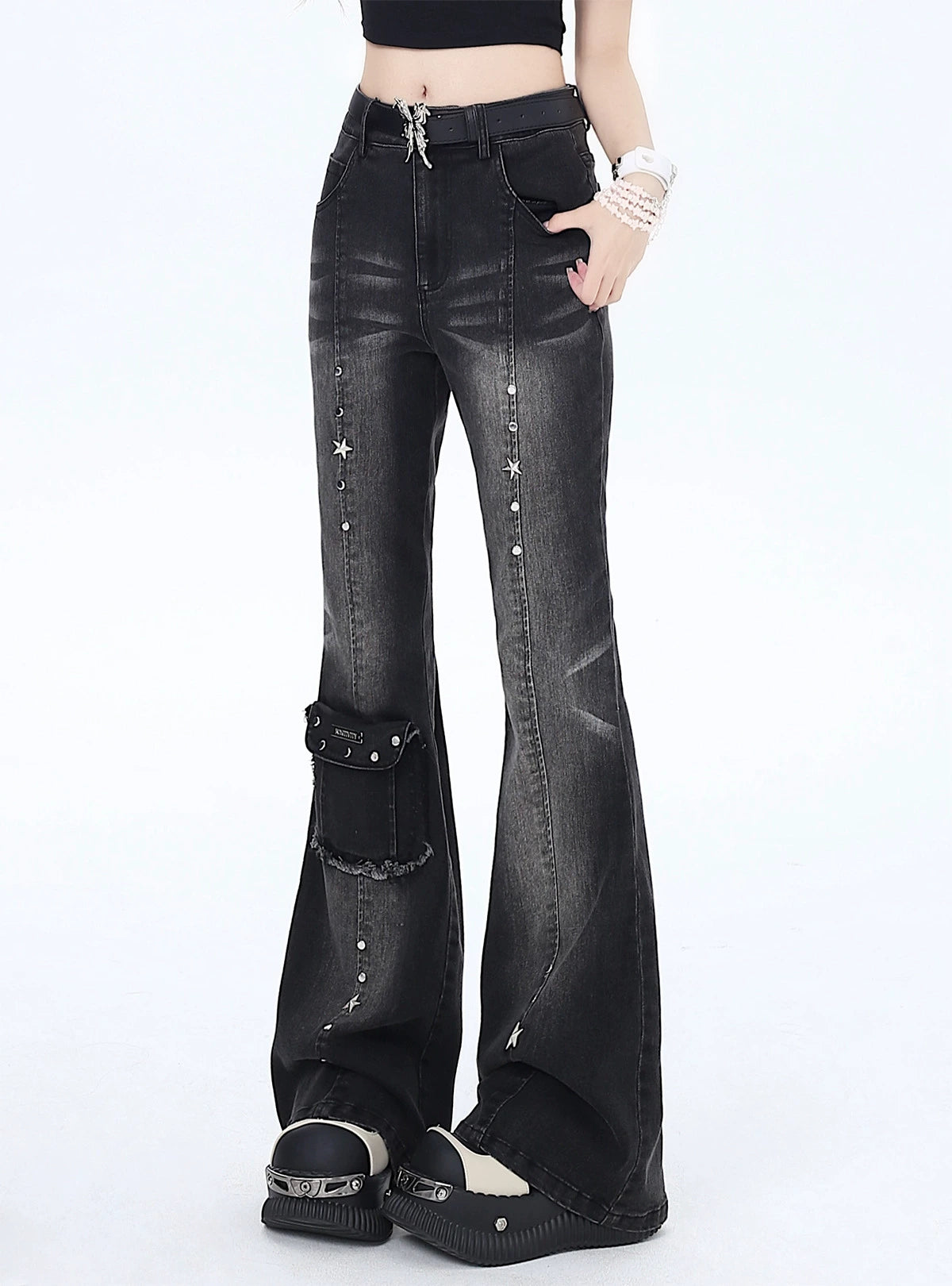 Crazygirl Punk Goth Kawaii Dream God Pants Retro High-Waist Slim Denim Pants for Women