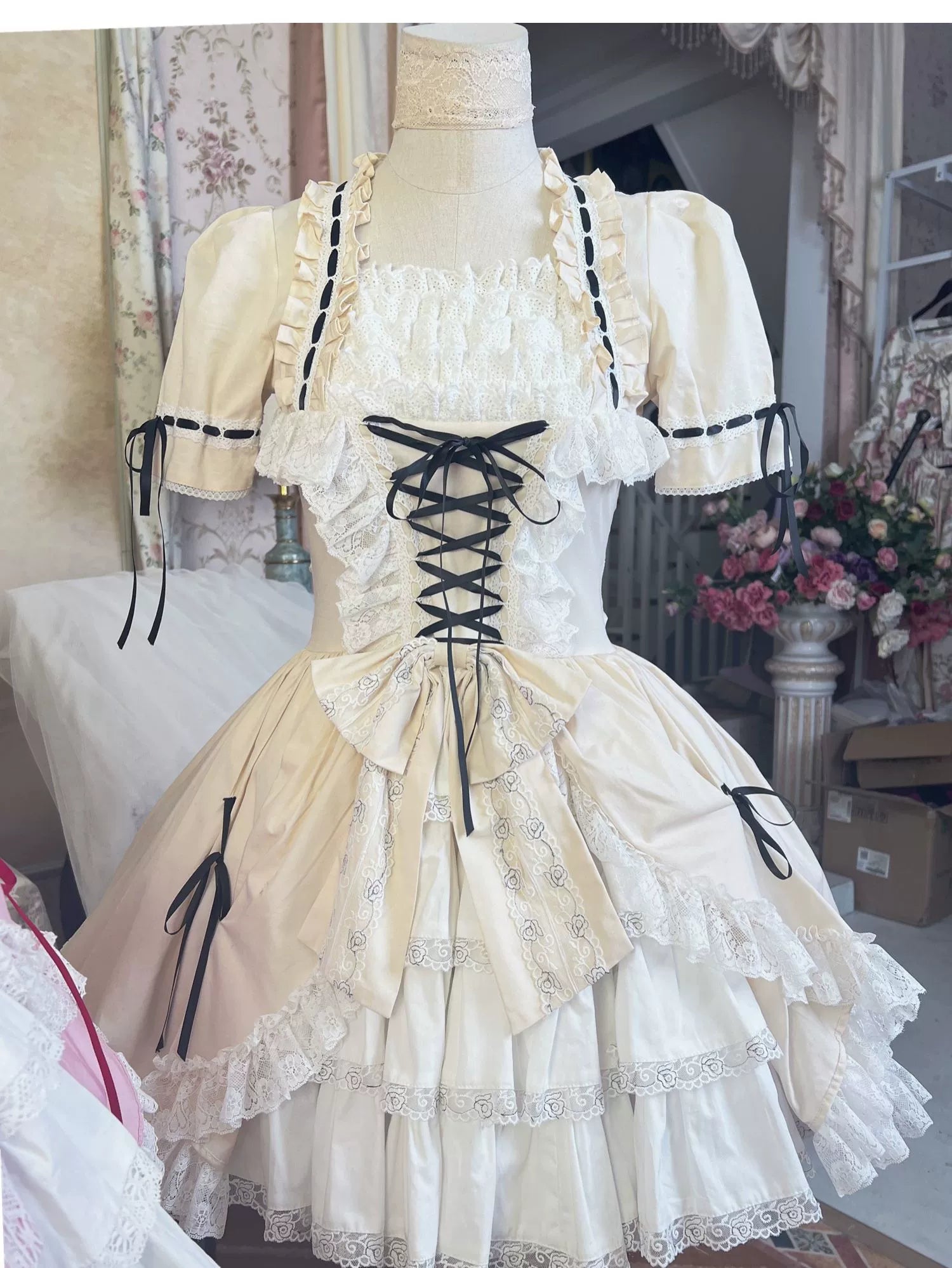 Historical Lace Garden Lolita Medieval Dress - Black & White