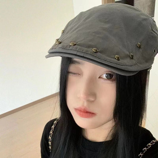 Korean Niche Rivet Forward Hat, Y2K Vintage Artist Beret Cap