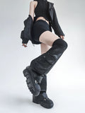 Solost, dark function, wind leg cover, RO threaded leather panel, three-dimensional pocket, niche over-the-knee flared sock cover