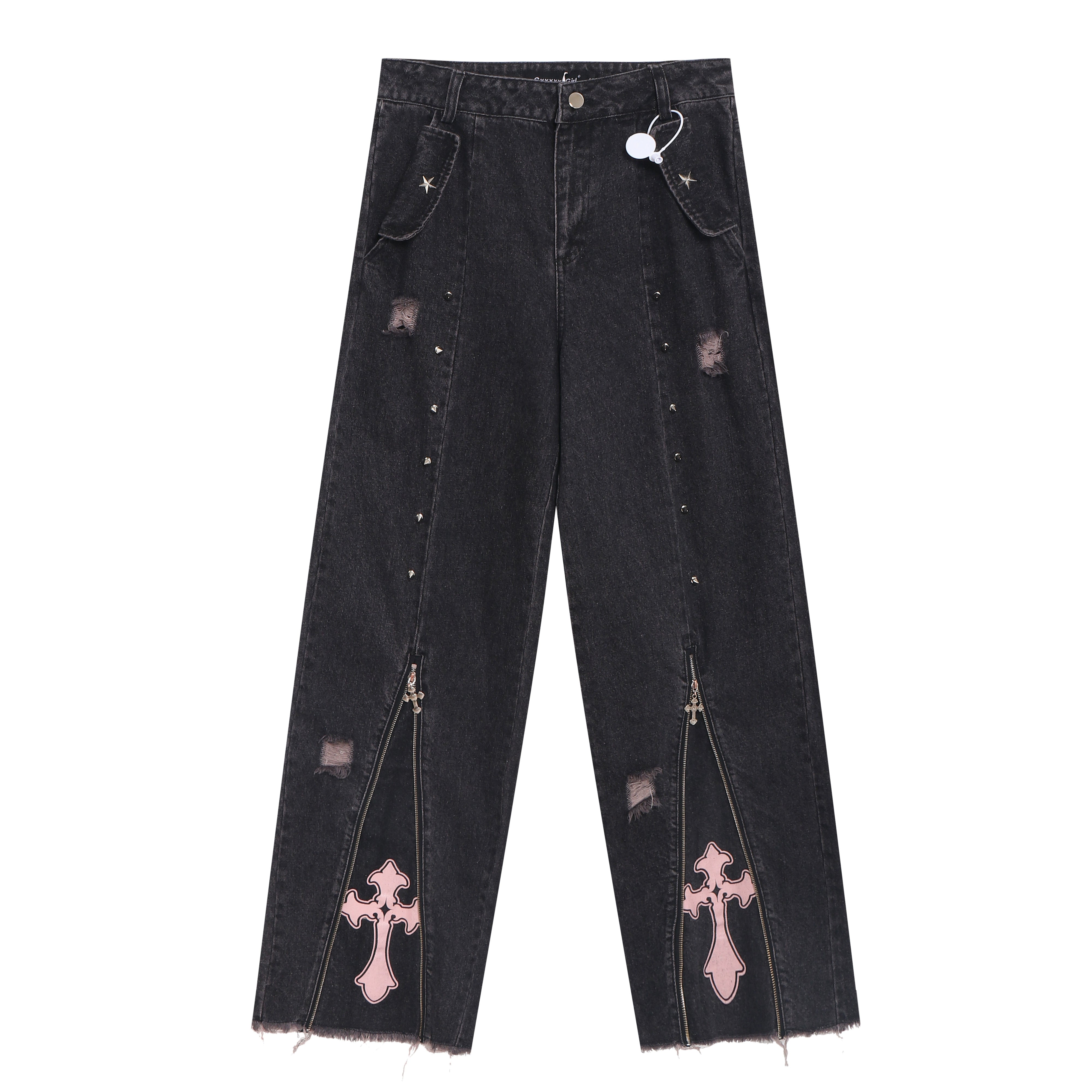 Crazygirl Kawaii Punk Cross Sweet High-Waisted Straight-Leg Jeans