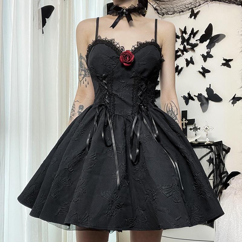 Goth Rose Dark Style Jacquard Backless Slip Dress