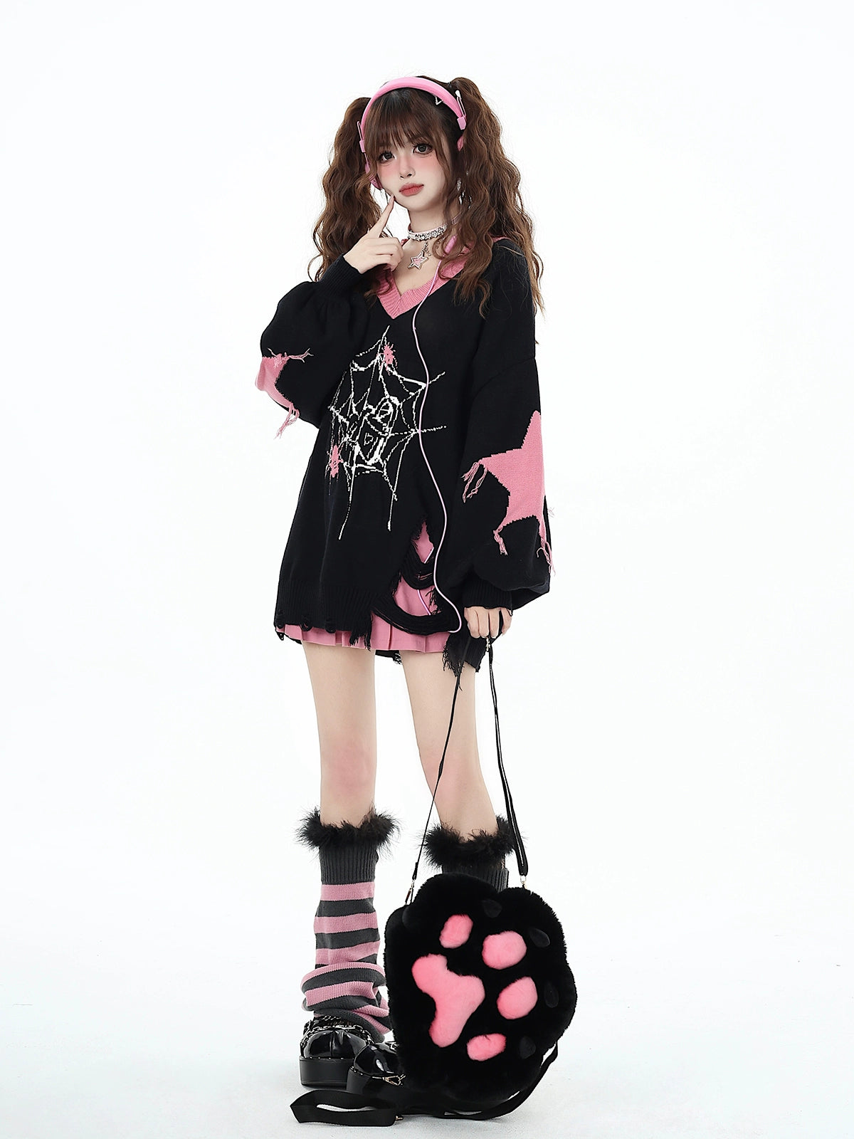 crazygirl [pure love loop 2.0] black and red New Year subculture original V-neck cut-and-sew loose sweater winter