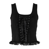 Goth Strappy Black Vest Square Neck Knitted Lace Sleeveless Camisole Top