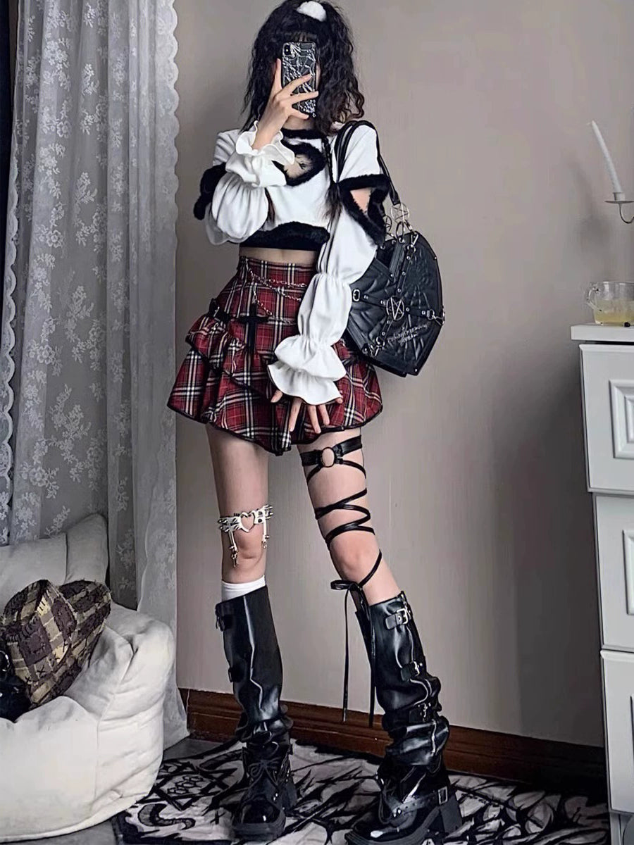 Red Plaid Cross Punk Kawaii Skirt