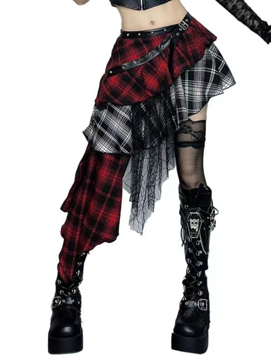 Homemade punk subculture outfits, irregular checks, patchwork, lace design, niche skirts, hot girl skirts