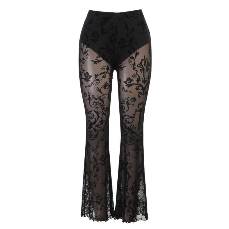 Goth Gothic See-Through Floral Pants Long-Legged Pants