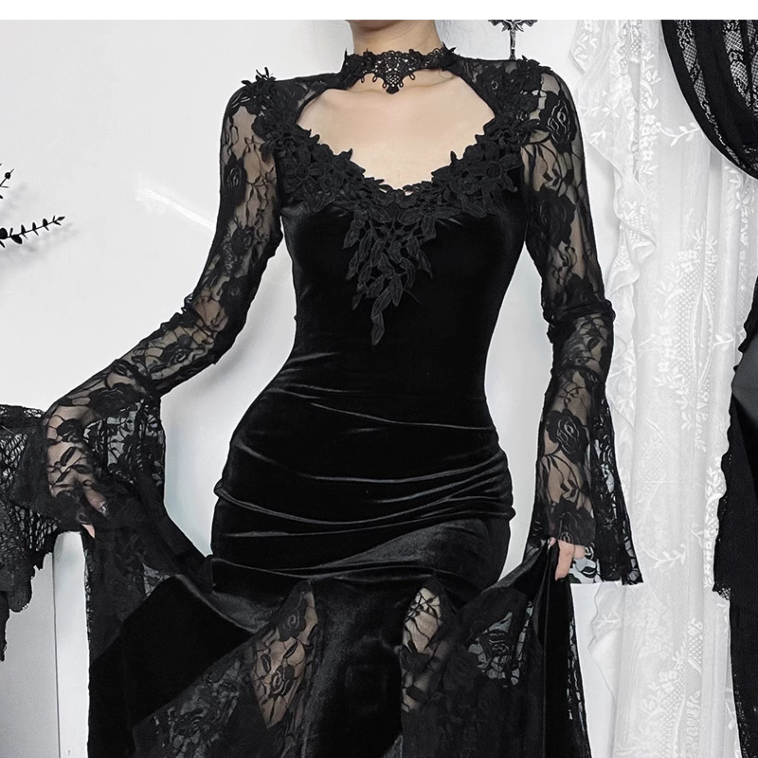 Wannathis Historical Victorian Gothic Lace Long-Sleeved Dress