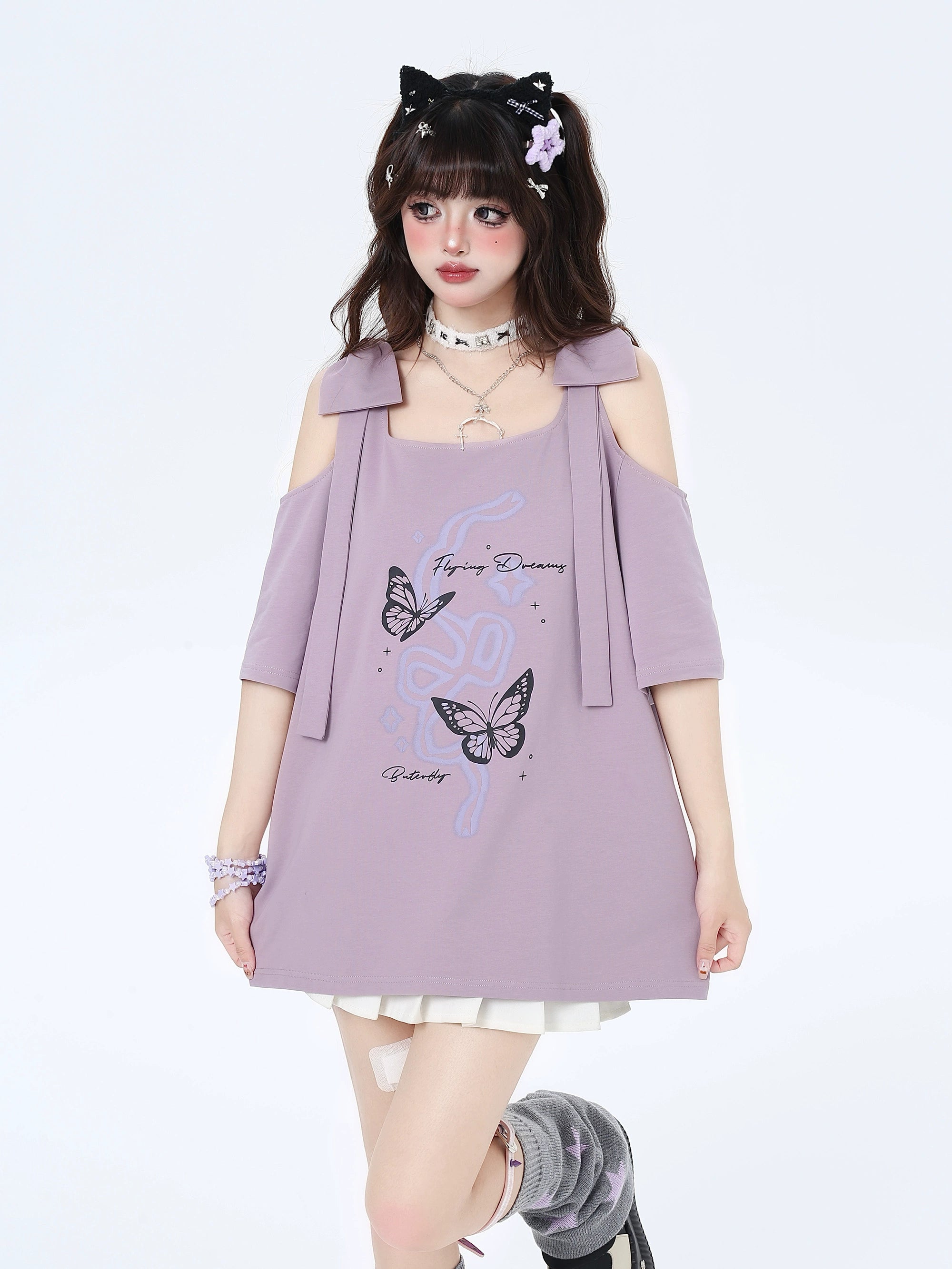 Crazygirl Kawaii Butterfly Oversized Long T-Shirt Shoulder Hole