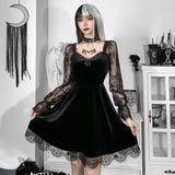 Goth Lace Dress Chest-Baring, Ruffled Long Sleeve Slim Waist