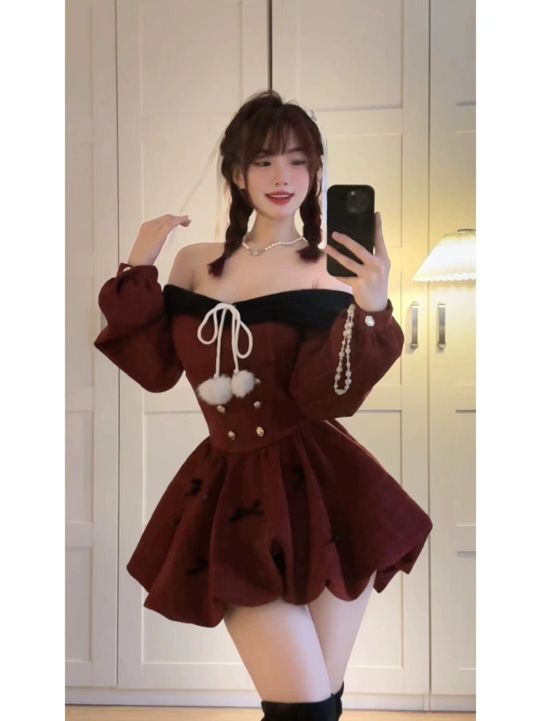 Christmas Burgundy Puffy Dress