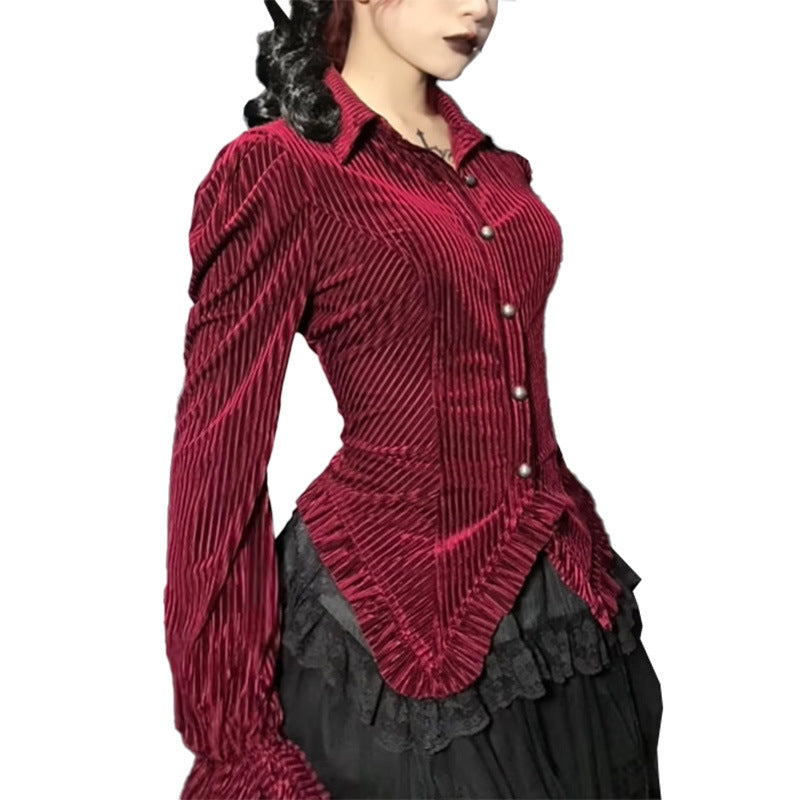 Historical Vampire Goth Gothic Long Sleeve Shirt Fashionable Slim Velvet Striped Shirt Top