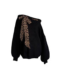 American design, niche leopard print stitching, tie-up off-the-shoulder sweater, women's sweet and spicy, loose and lazy knit top