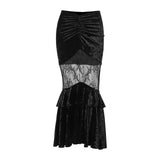 Goth Suede Lace Stitched See-Through Embossed Long Skirt