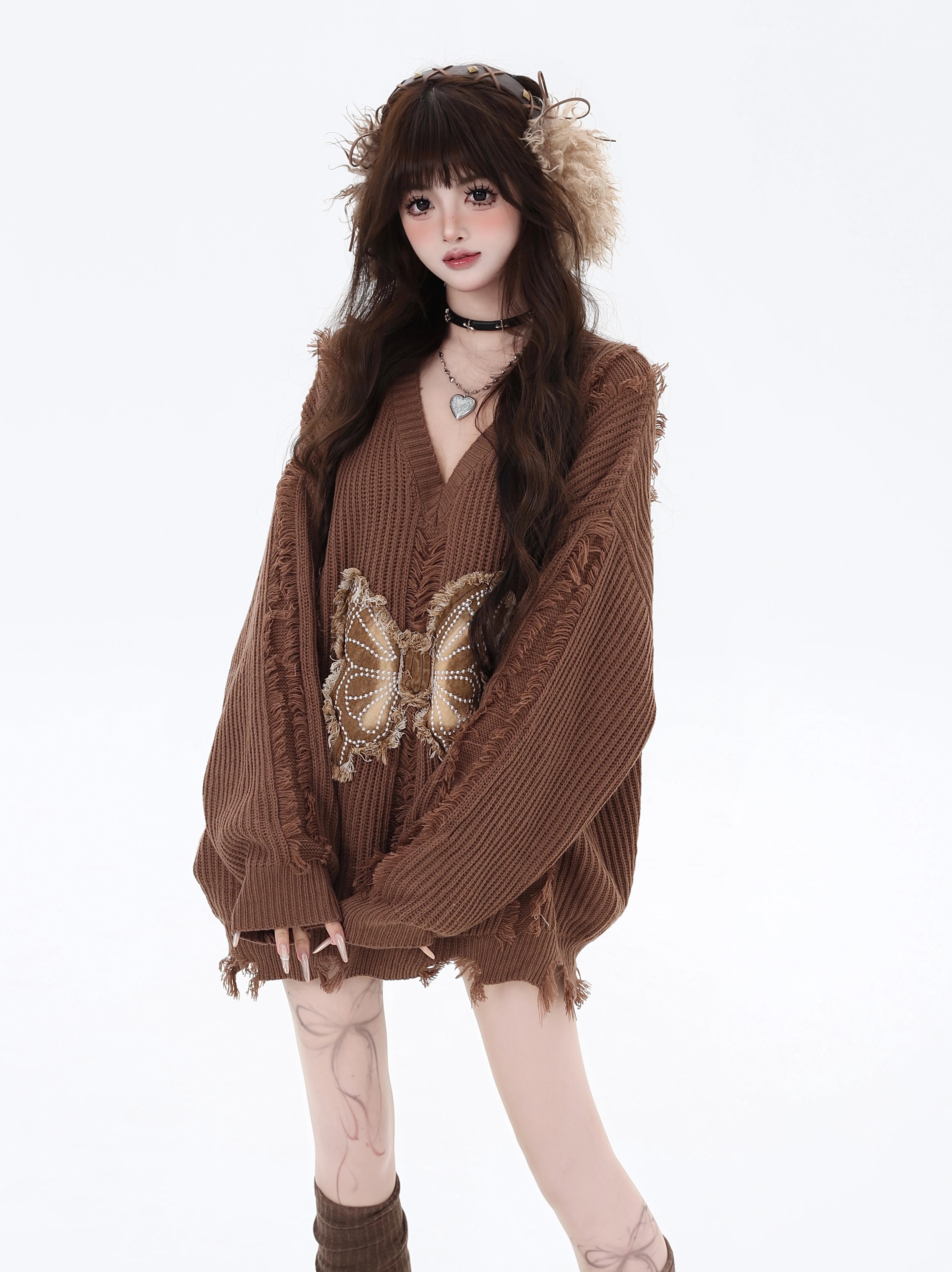 crazygirl Korean Maillard tassel butterfly patch V-neck loose knit sweater top autumn and winter underwear