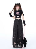 Crazygirl Kawaii Punk Cross Sweet High-Waisted Straight-Leg Jeans