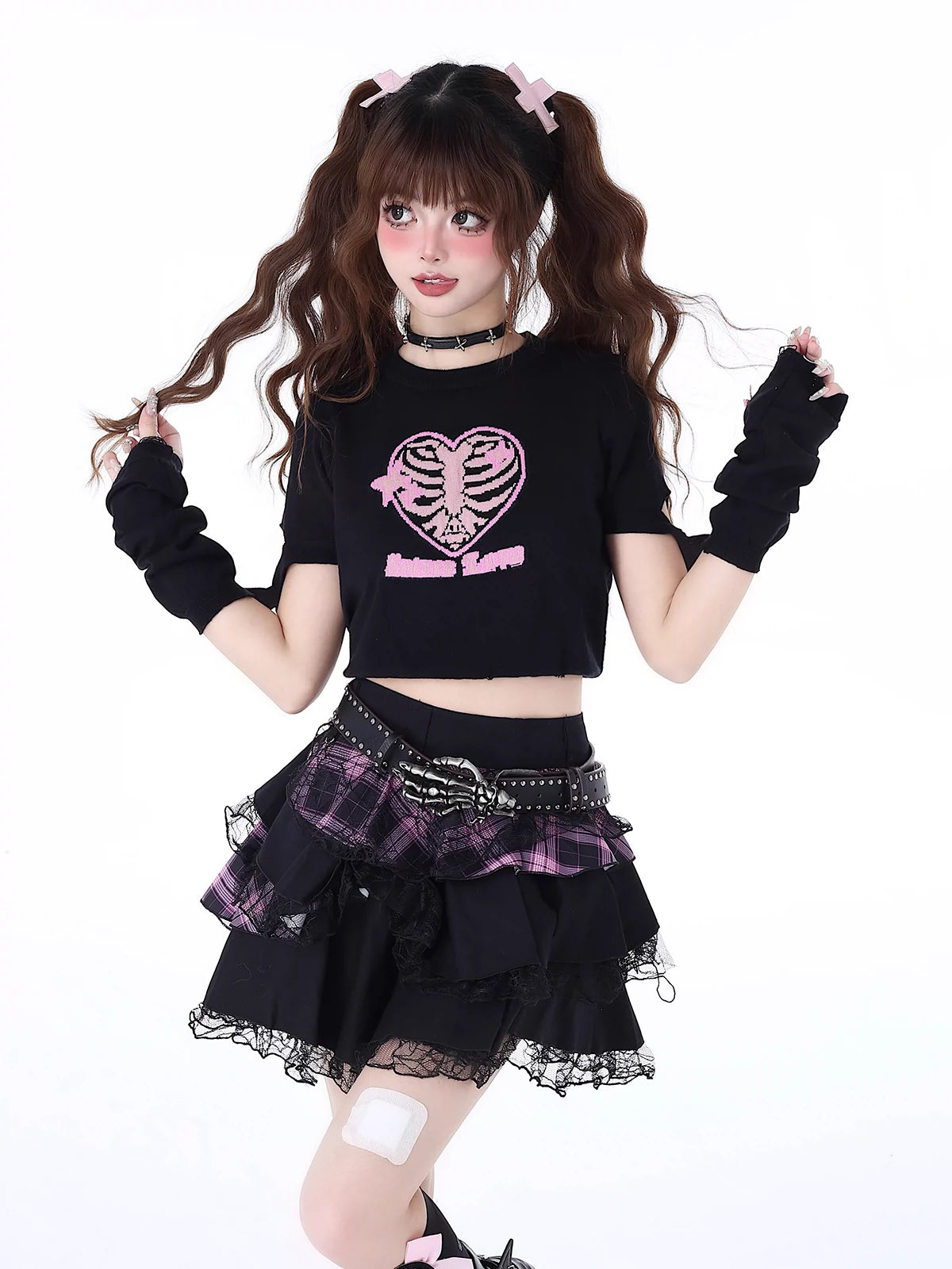 crazygirl Kawaii Punk Heart Bones Knitted T-Shirt Top