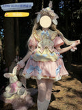 Full Spot Lolita Dress - Pink Rabbit Embroidered Short Sleeve