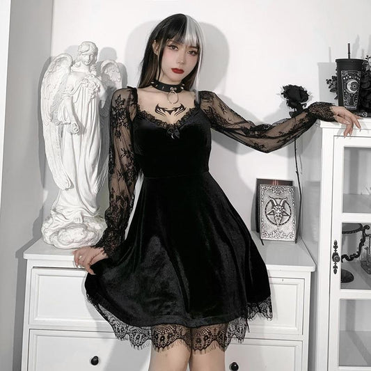 Goth Lace Dress Chest-Baring, Ruffled Long Sleeve Slim Waist