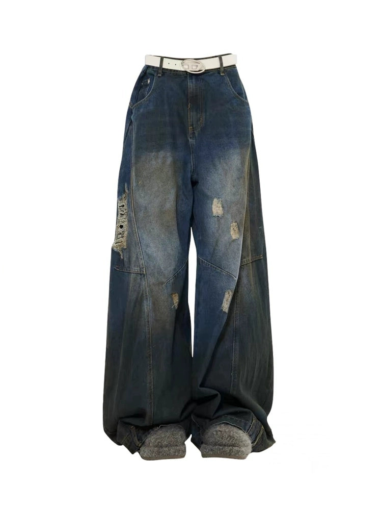 Hiphop Washed Retro Ripped Wide-Leg Jeans