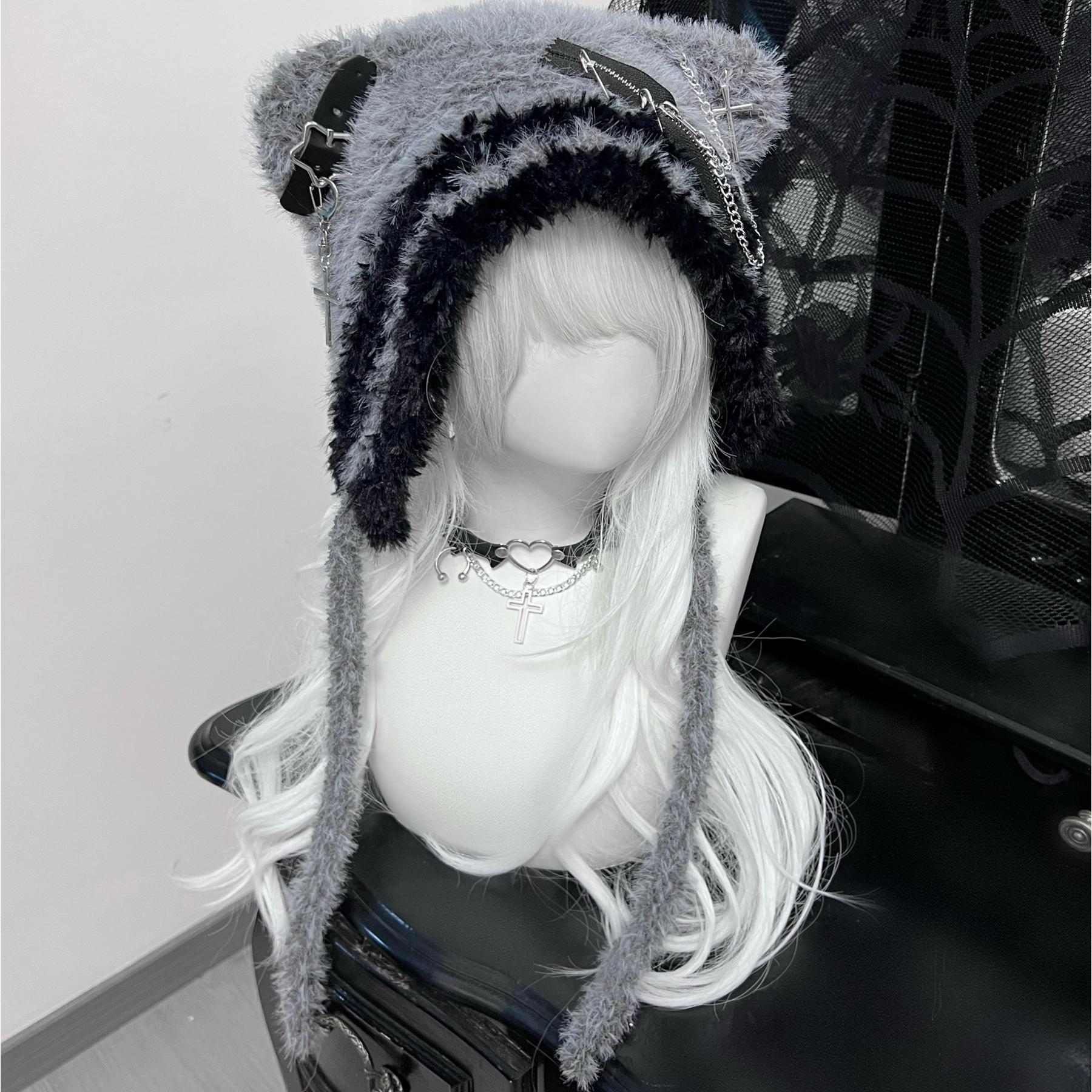 Japanese Subculture Bear Hat, Cute Cross Star Beanie with Zipper Toe