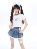 Crazygirl Butterfly Dream T-Shirt Bow Tie Slim Short Shoulder Top