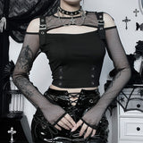 Punk Style Cutout Mesh Long Sleeve Corset Top