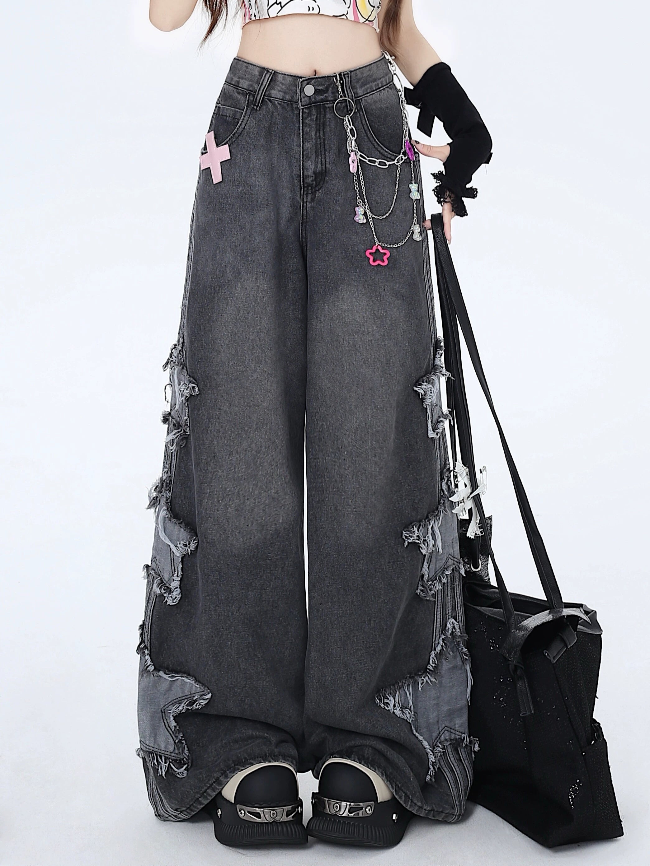 Crazygirl Punk Kawaii Distressed Star Patch Loose Straight Jeans Wide-Leg Mop Pants