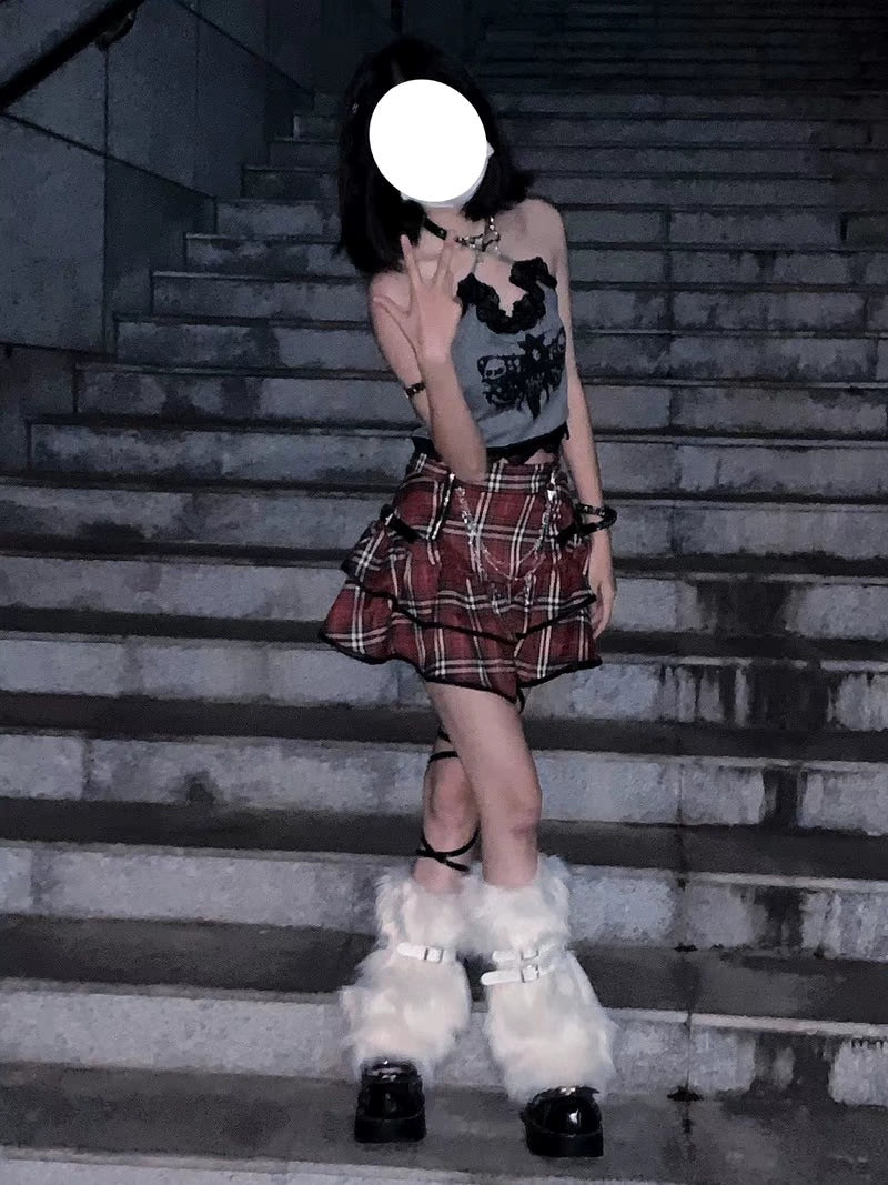 Red Plaid Cross Punk Kawaii Skirt