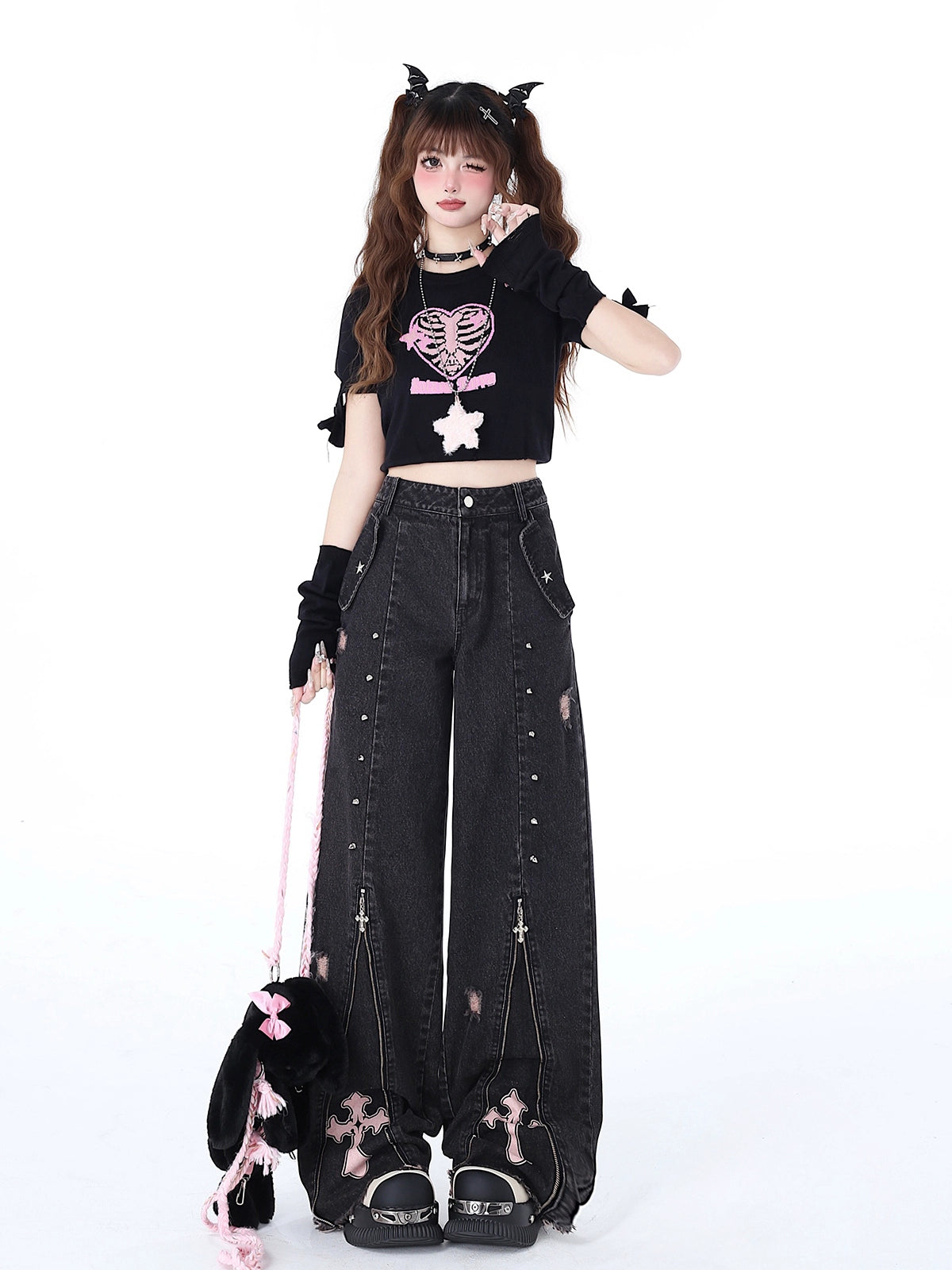 Crazygirl Kawaii Punk Cross Sweet High-Waisted Straight-Leg Jeans