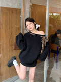 American design, niche leopard print stitching, tie-up off-the-shoulder sweater, women's sweet and spicy, loose and lazy knit top